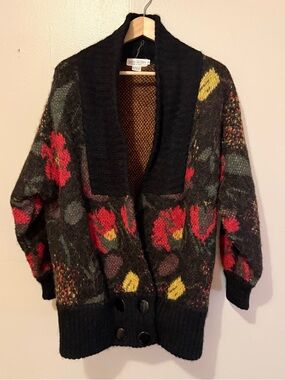 Vintage Van Gogh 70% Wool Mohair Black Floral Shawl Collar Cardigan Sweater